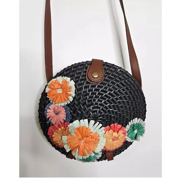 NWT J Crew Round Rattan Floral Crossbody Bag Beautiful Rattan Purse Black L8652 - Picture 1 of 7
